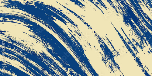 Abstract brushstrokes of deep blue paint against a creamy beige background