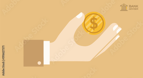 Hand holding a golden coin with dollar sign.