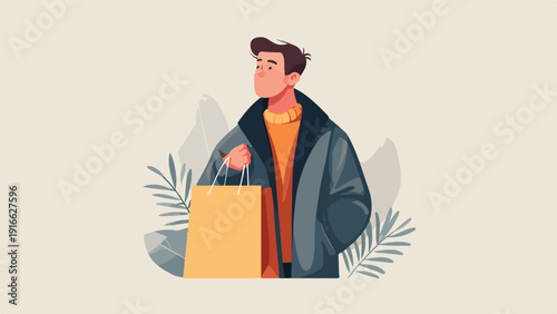 A person wearing a jacket and sweater holds a shopping bag with foliage in background