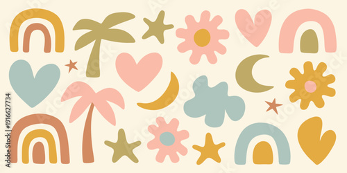 Playful pastel illustration featuring rainbows flowers hearts and celestial shapes