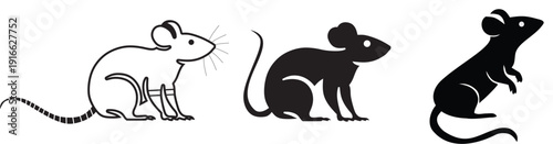 Set of black mouse silhouettes in various poses, rat vector illustration, rodent animal icon design, wildlife clipart for graphics