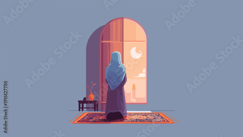 A person in a headscarf prays indoors by a window with a moon and candle visible