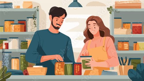 Couple organizing shelves filled with jars of preserved food