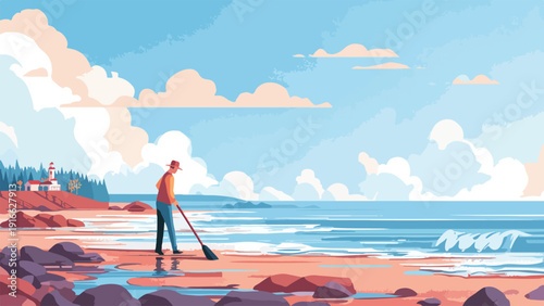 Person raking a beach near a lighthouse and calm ocean under a cloudy sky