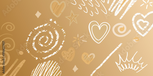 Abstract background with hand drawn hearts stars and spiral shapes