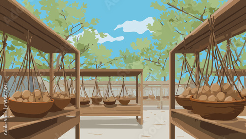 An outdoor market stall displays rows of wooden shelves laden with baskets of produce