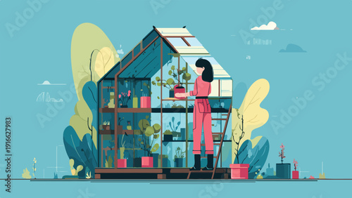 Person tending plants in a greenhouse with surrounding abstract foliage