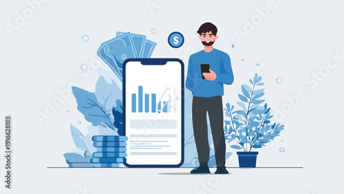 Man with phone near smartphone showing charts, coins, and bills