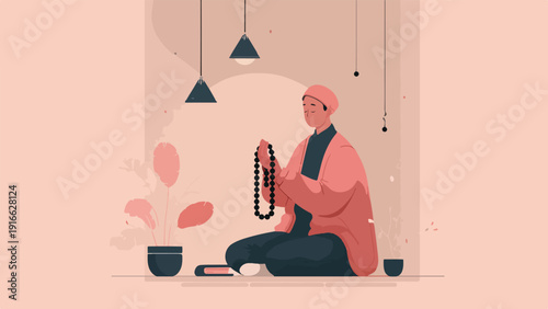 A person in prayer beads sits cross-legged with eyes closed near a plant and book