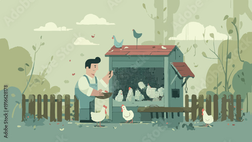 Farmer feeding chickens in a coop surrounded by a fence and trees