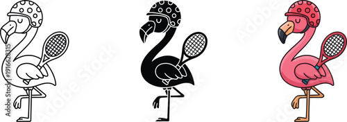 Funny Flamingo playing Tennis with Helmet, Cartoon Character Vector Illustration