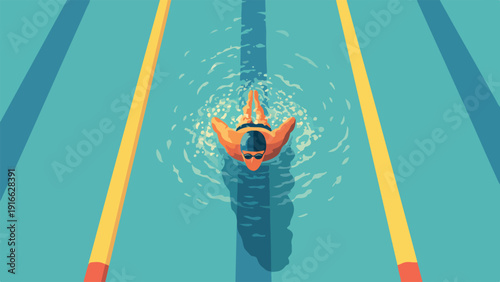 Top-down view of a swimmer in an orange cap and goggles, racing in a lane