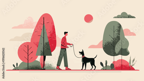 A person walks their dog through a park with stylized trees, clouds, and a sun
