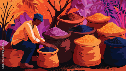 Person in orange shirt sorting colorful spices from large sacks in a vibrant, stylized market setting