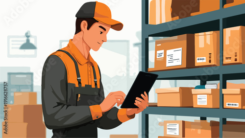 A worker in a warehouse checks inventory on a tablet, surrounded by stacked boxes on shelves