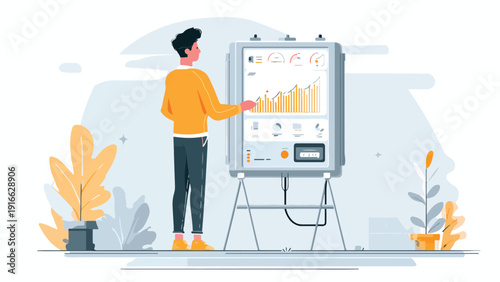 A man points to a graph on a digital display, showcasing growth and analytics