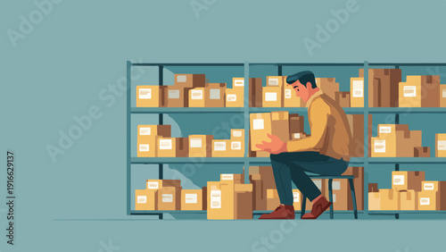 Man sitting on a stool, holding a box in a warehouse filled with many boxes