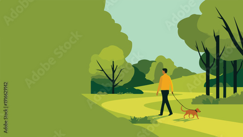 A person walks a dog on a sunny day in a park with lush green trees and winding paths