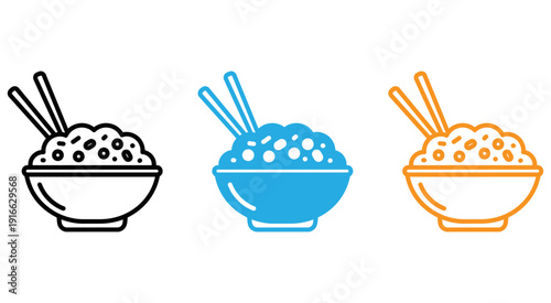Three bowls of rice with different toppings and colored bases isolated on transparent background, Vector