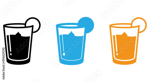 Three distinct glasses filled with different colored beverages isolated on transparent background, Vector