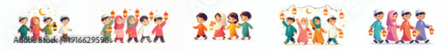 vector of muslim children walking happily holding ramadan lanterns