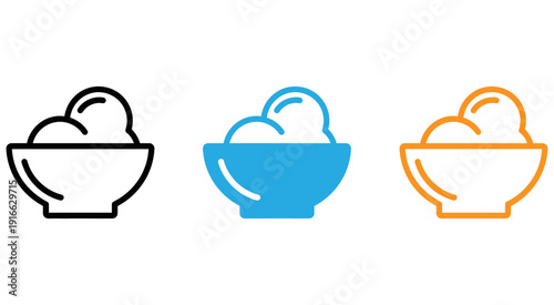 Three bowls containing different types of desserts with a spoonful of topping isolated on transparent background, Vector