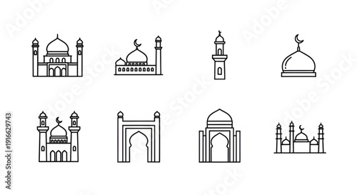 Generic Mosque and Islamic Architecture Outline Icon Set with 8 Symbols Vector