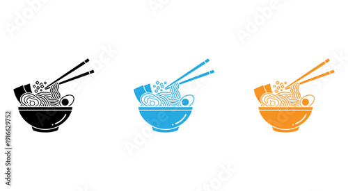 Three bowls of diverse cuisine with chopsticks and spoons as utensils isolated on transparent background, Vector