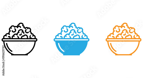 Three bowls of popcorn with different styles of presentation and colors isolated on transparent background, Vector