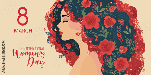 8 March International womens day Greeting Card. Beautiful young woman with flowers in hair.