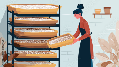 A person in an apron handles trays filled with granular material on a multi-level rack