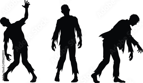 Zombie Silhouette Trio with Creepy Standing and Walking Undead Figures Isolated on White Background for Halloween Horror Design