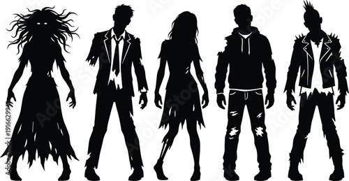 Zombie Silhouette Characters Set with Creepy Undead Men and Woman Isolated on White Background for Halloween Horror Design