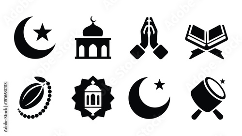 Ramadan silhouette icons set including mosque crescent moon star prayer hands quran dates and lantern on white background for islamic holy month