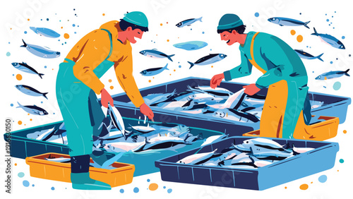 Two fishermen in bright waterproofs sort fresh fish into blue crates