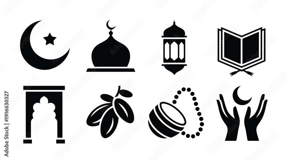 Fototapeta premium Ramadan islamic tradition silhouette icons set with mosque crescent moon lantern and prayer hands on white background
