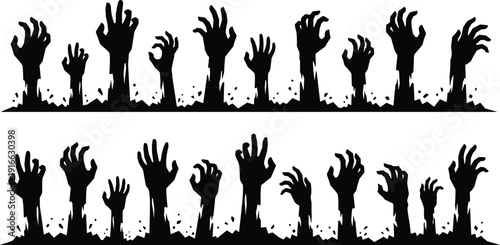 Zombie Hands Silhouette Set Emerging from Ground in Creepy Horror Style Isolated on White Background for Halloween Artwork