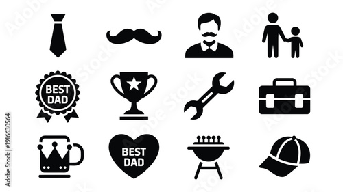 Black vector icons for father's day including symbols for dad best dad tools and leisure activities on a white background