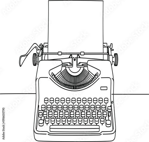 Vintage Typewriter with Paper Roll and Keys in Black and White Line retro line keys d