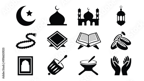 Ramadan silhouette logo bundle with mosque crescent moon prayer beads and dates on white background for islamic design