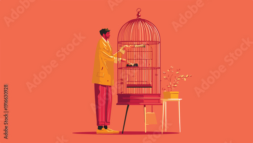 Stylized figure in yellow jacket offers seed to bird in ornate cage against salmon backdrop
