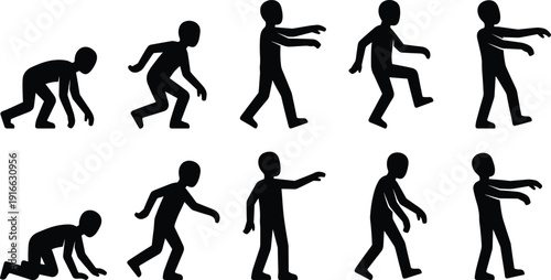 Zombie Evolution Silhouette Set Showing Crawling to Walking Undead Figures Isolated on White Background for Halloween Design