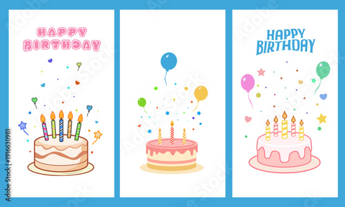 Happy birthday simple design with cakes and balloons