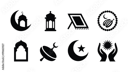 Ramadan kareem minimal silhouette logo collection with mosque lantern prayer mat crescent moon star and hands up in black on white background for islamic holiday greeting cards and social