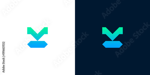 Sleek abstract geometric logo in vibrant green and blue gradient. Modern symbol design presented on contrasting light and dark backgrounds, offering versatile visual identity