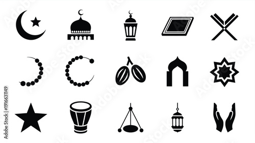 Ramadan kareem islamic symbols collection crescent moon mosque lantern prayer beads star and more on white background