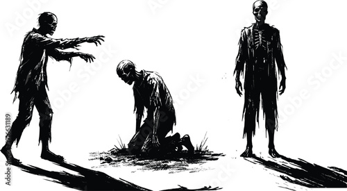 Zombie Characters Illustration Set Featuring Walking Kneeling and Standing Undead Figures Isolated on White Background for Halloween Horror Design