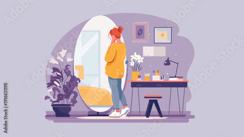 Woman in casual clothes looking into a mirror near a desk with plants