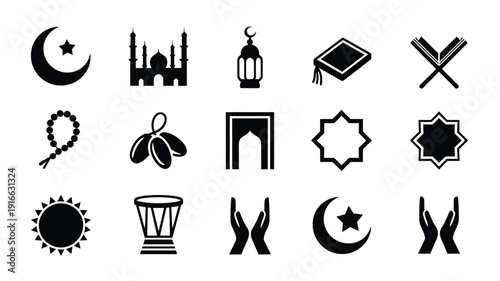 Modern ramadan silhouette logo set featuring islamic symbols crescent moon and prayer icons in minimalist black and white design for cultural and religious celebrations