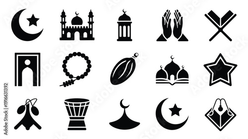 Ramadan and islamic symbols set silhouette icons muslim faith elements crescent moon mosque prayer fasting religion culture